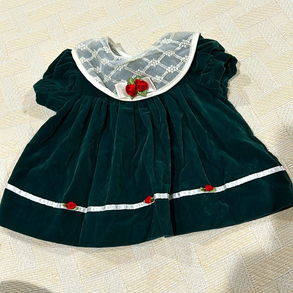 VINTAGE SOMERSET LANE Green Velvet Christmas Dress Rosette Collar Size 6 months - Picture 1 of 8